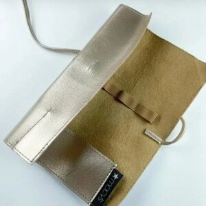 Macy's Metallic Gold Faux Leather Make-up Brush/Jewelry Roll-up Pouch